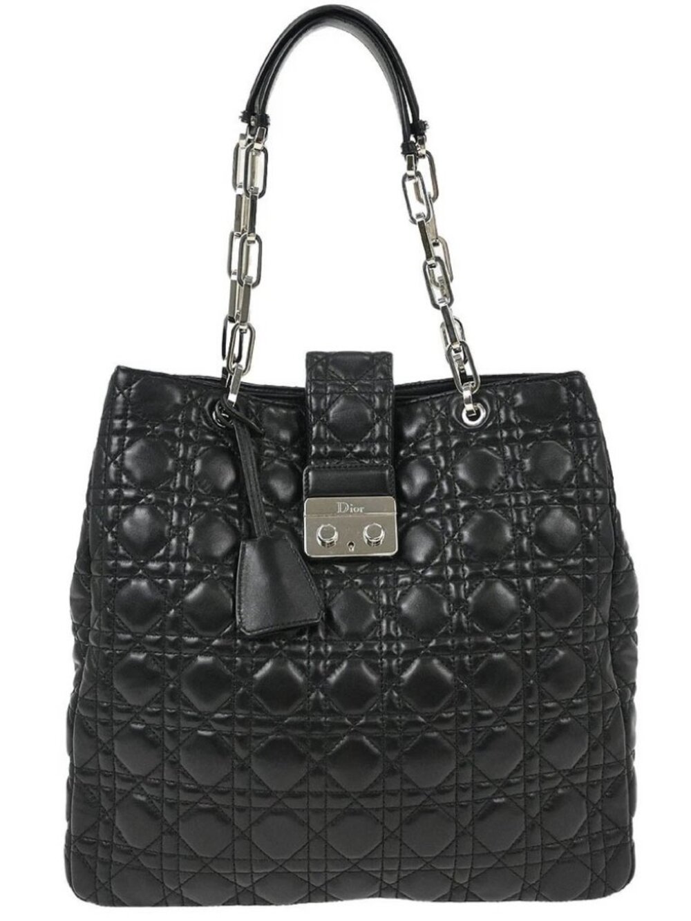 Christian Dior Black Lambskin Lady Dior Cannage Tote Handbag